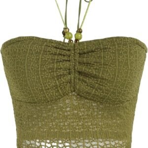 Halter Tops for Women Ruched Front - Backless Crop Tank Going Out Handkerchief Hem Knit