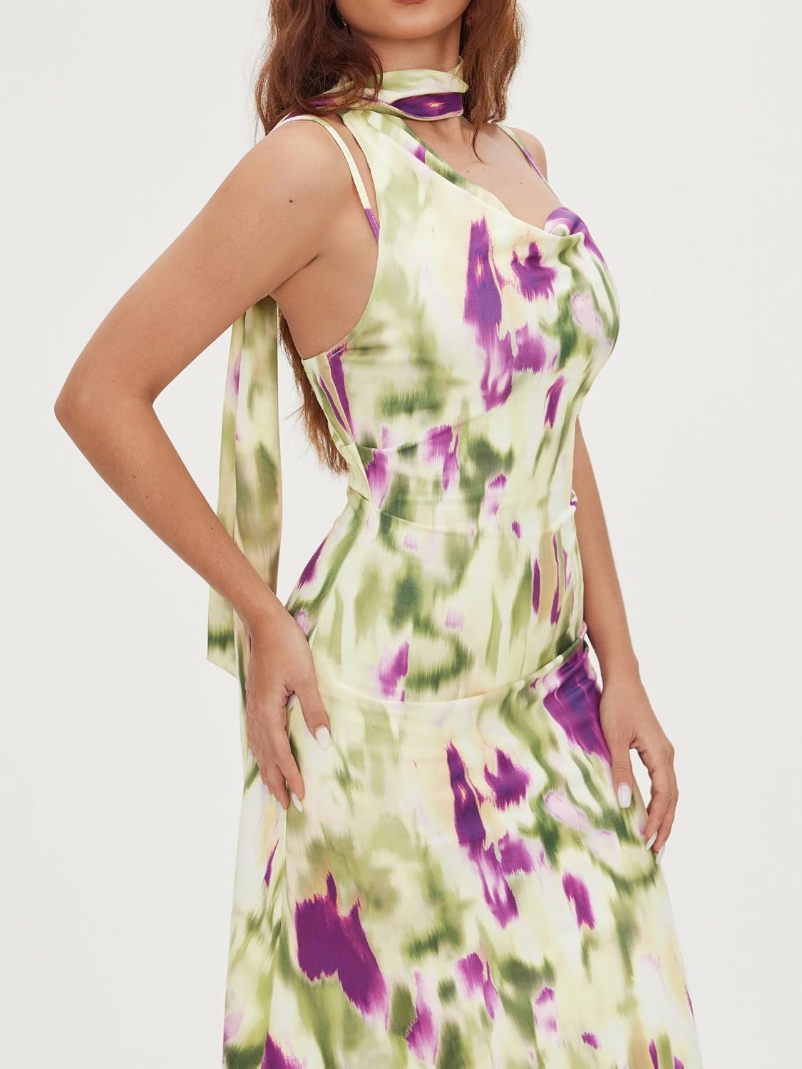 Womens Dresses Floral Spaghetti Strap Cowl Neck Sleeveless Maxi Sun Dress Wedding Guest Party Vacation Outfits - Image 3