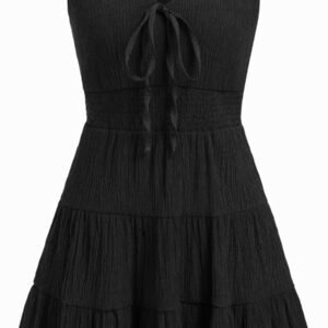 Women's Summer Mini Dress Sleeveless V Neck Bow Tie Tiered Boho Tank Sundress Casual Beach Vacation Outfits