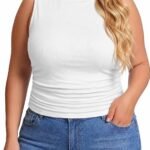 Plus Size Tops for Women Sleeveless Ruched Crew Neck Crop Tank Top Summer Casual Outfits