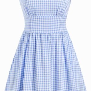Gingham Mini Dress Bow Tie - Women Summer Square Neck A Line Casual Retro Vacation Outfit