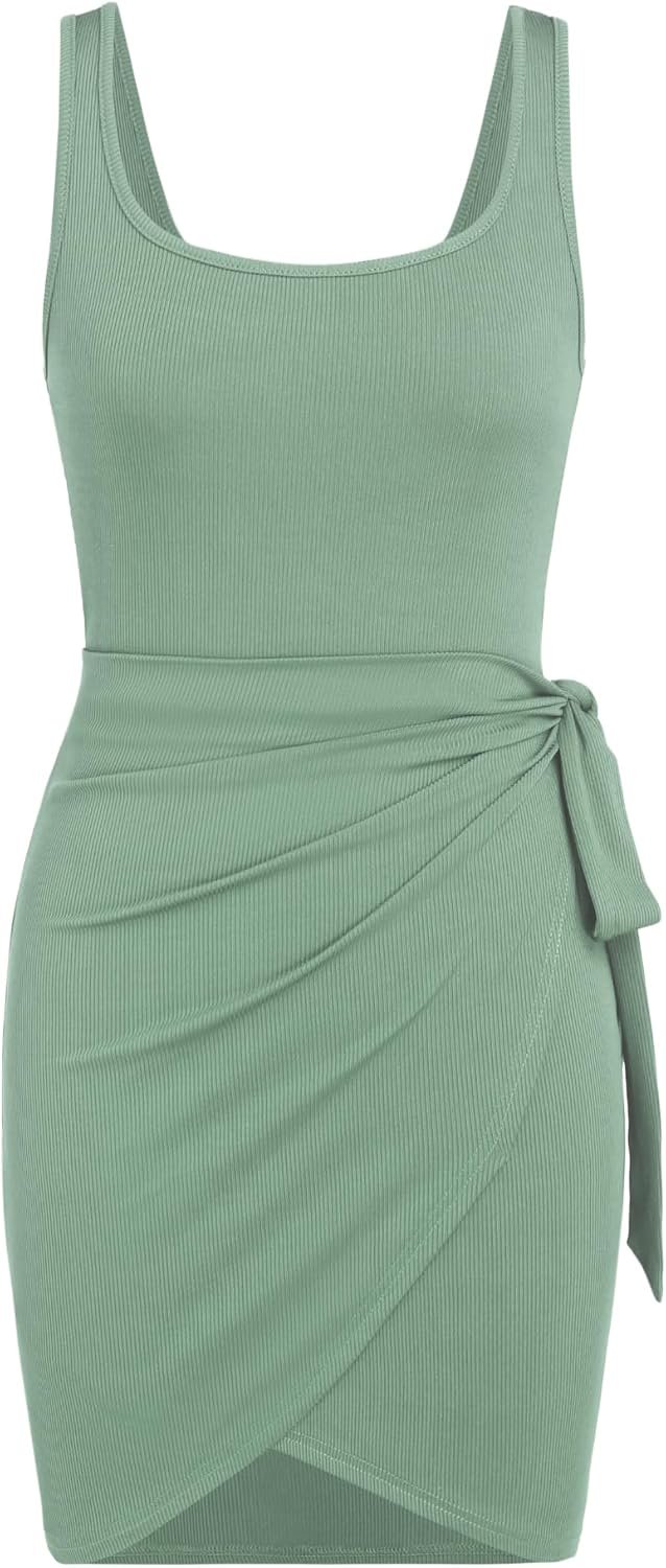 Women's Sleeveless Summer Dress Casual Wrap Bodycon Ruched Dress Tie Waist Beach Mini Dresses