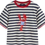 Women Stripe Crop Boxy Top Oversized Summer Crew Neck T-Shirt Cotton-Blend Short Sleeve Tee