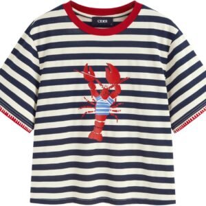 Women Stripe Crop Boxy Top Oversized Summer Crew Neck T-Shirt Cotton-Blend Short Sleeve Tee