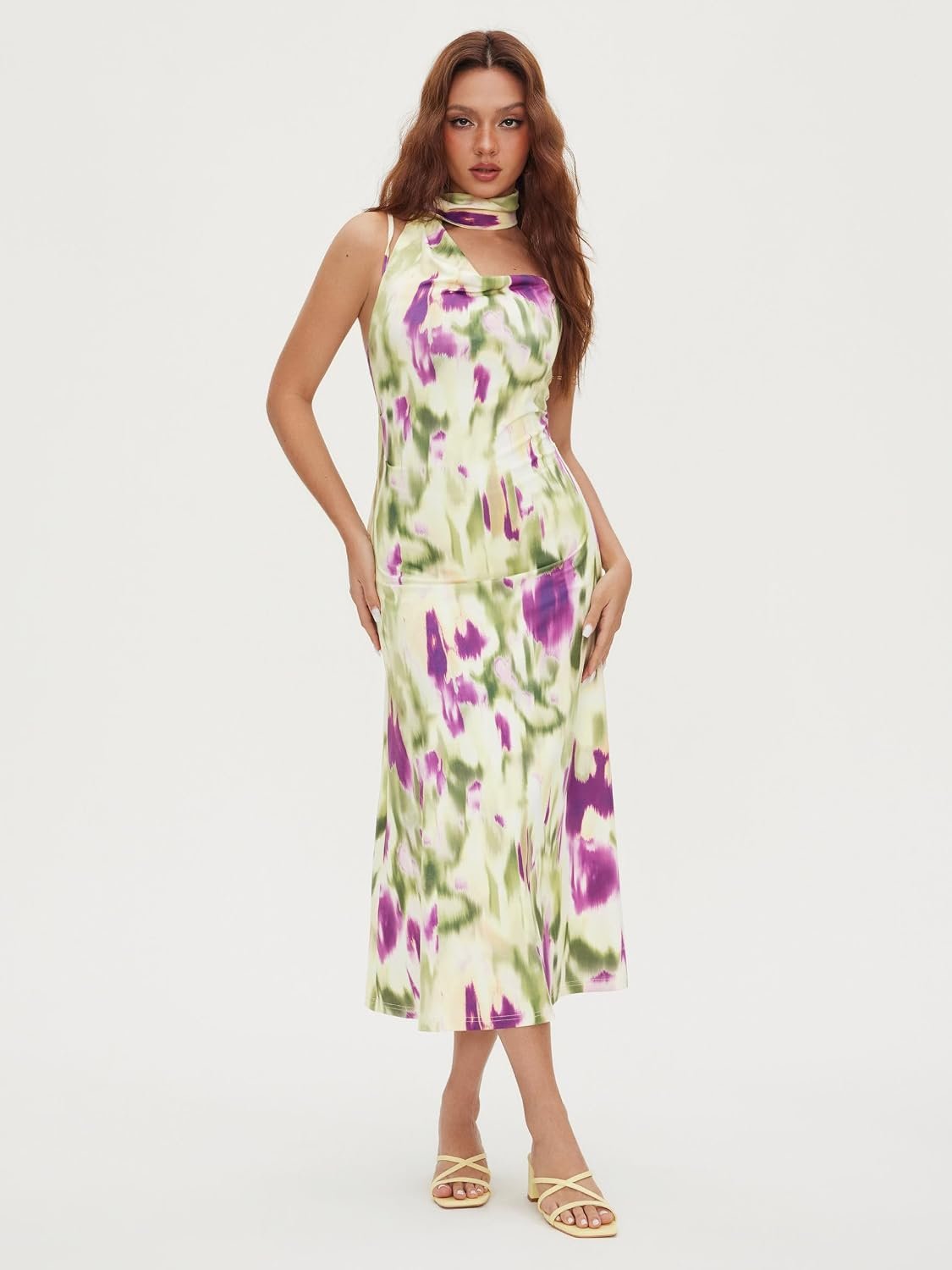 Womens Dresses Floral Spaghetti Strap Cowl Neck Sleeveless Maxi Sun Dress Wedding Guest Party Vacation Outfits - Image 2