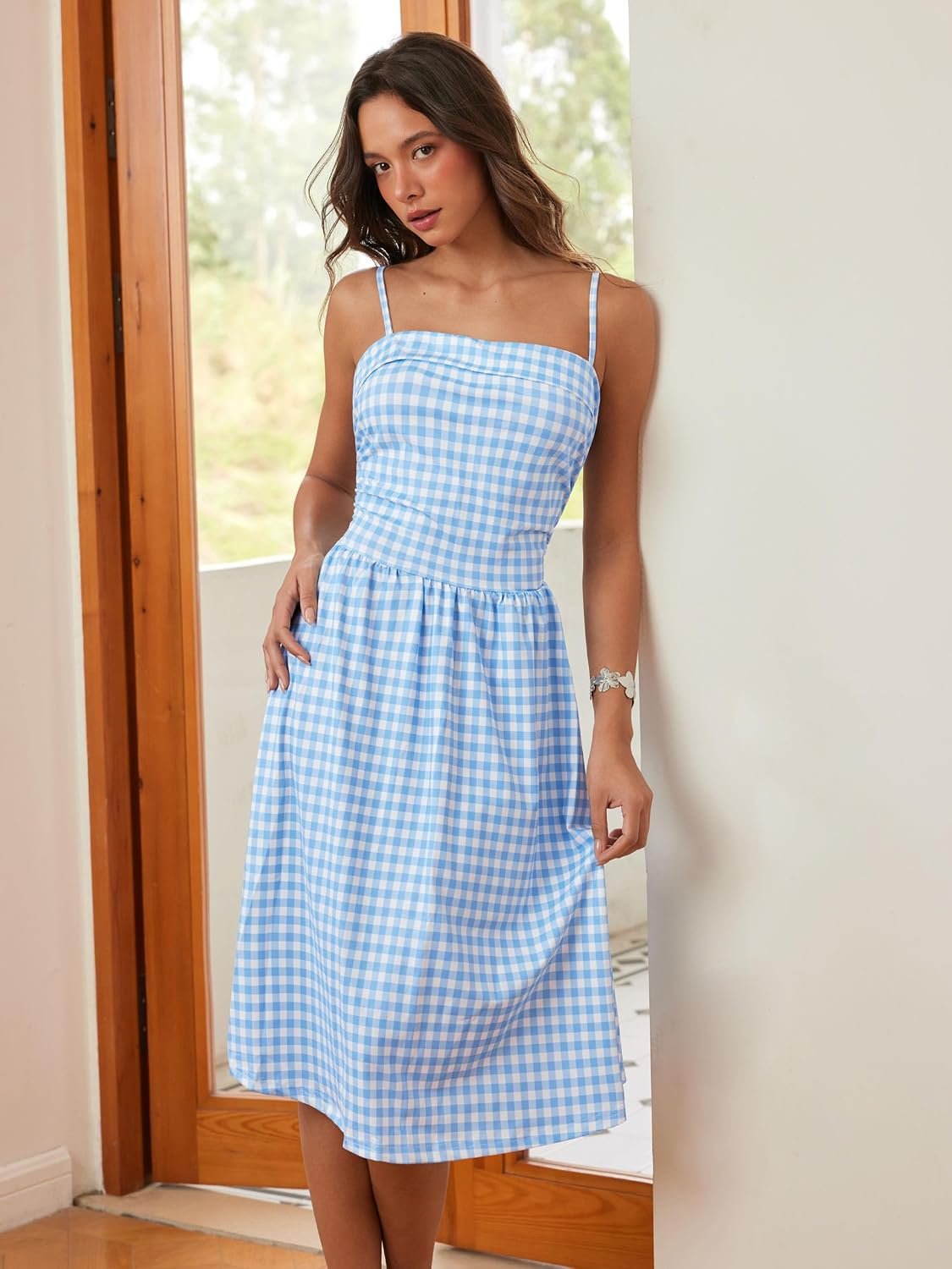 Women's Summer Gingham Midi Dress Sleeveless Ruched Plaid Dress Spaghetti Strap Dresses Casual Trendy - Image 5