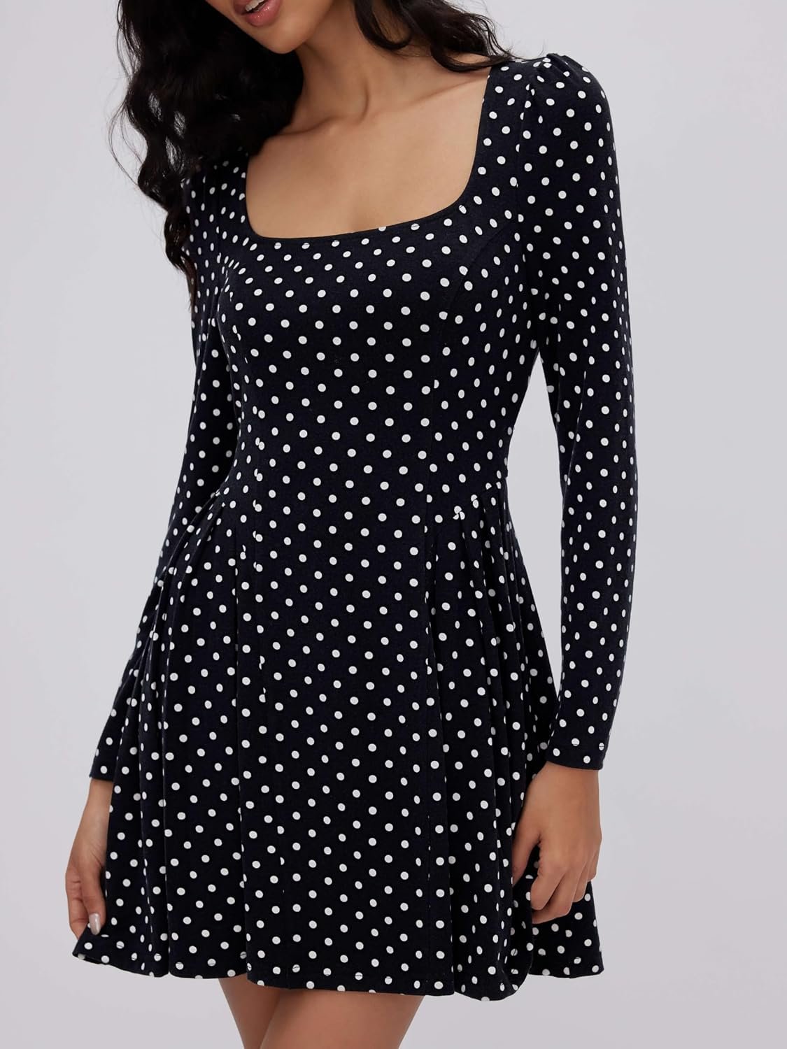 Polka Dot Mini Dress Square Neck - Women Long Sleeve Drop Waist A Line Party - Image 2