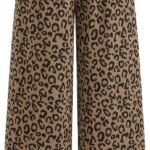 Women Leopard Print Wide Leg Lounge Pants Sweatpants Elastic Waist Casual Trousers with Pockets