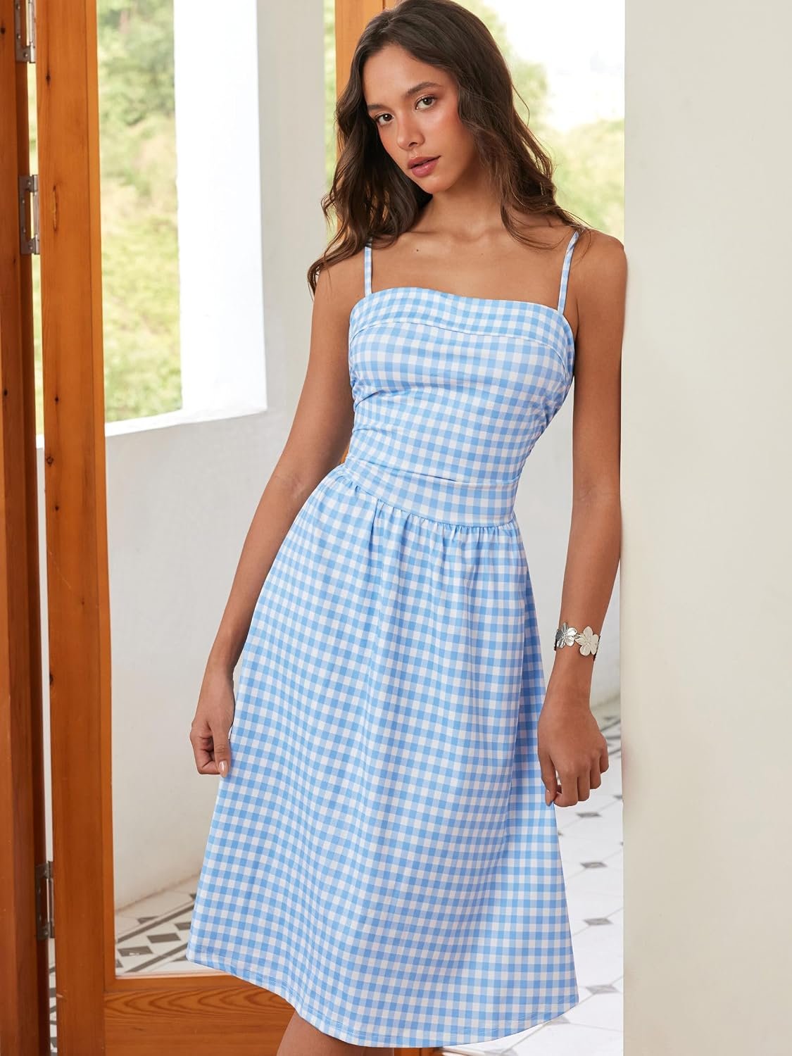 Women's Summer Gingham Midi Dress Sleeveless Ruched Plaid Dress Spaghetti Strap Dresses Casual Trendy - Image 7