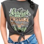 Womens Cap Sleeve Graphic Tank Crop Tops Crew Neck Twist Knot Front Tee T Shirts