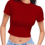 Womens Short Sleeve Shirts Summer Crop Tops Crewneck T Shirt Basic Baby Tees Going Out Tops Slim Fit Y2K Clothes