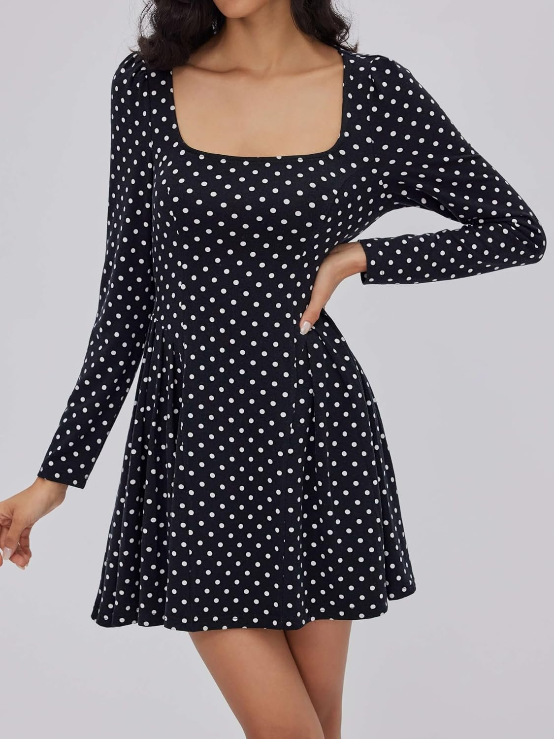 Polka Dot Mini Dress Square Neck - Women Long Sleeve Drop Waist A Line Party - Image 3