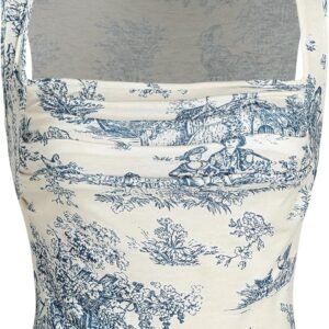 Women Square Neck Tank Tops Sleeveless Ruched Floral Cute Going Out Summer Trendy Crop Top